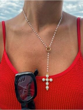 NEW 18k gold filled White Pearl Cross  Necklace - Women Jewelry